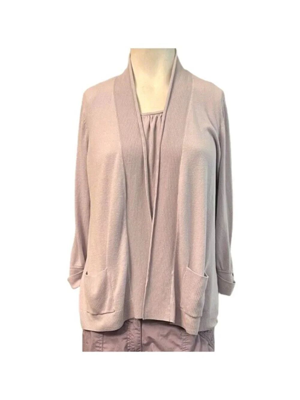 Chicos Ladies Small 1 Purple Knit Sweater Open Front Cardigan Pockets 3/4 sleeve